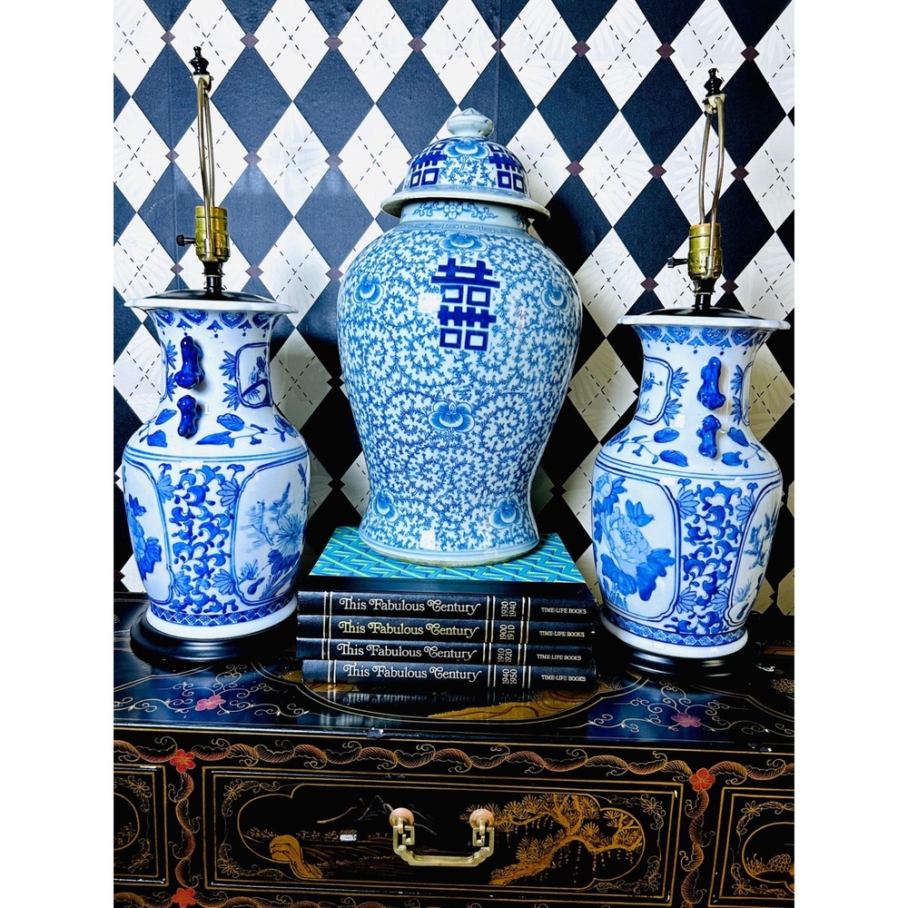 Chinoiserie Blue White Porcelain Lamp Pair Foo Dog Handles 26in - Picture 14 of 17